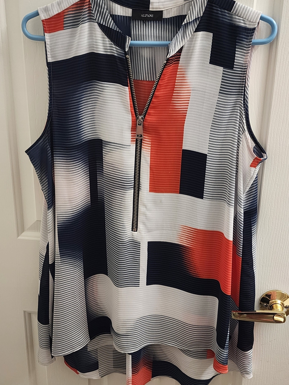 Alfani Sleeveless Zip-Front Tank Top in Navy, White & Red Geometric Print